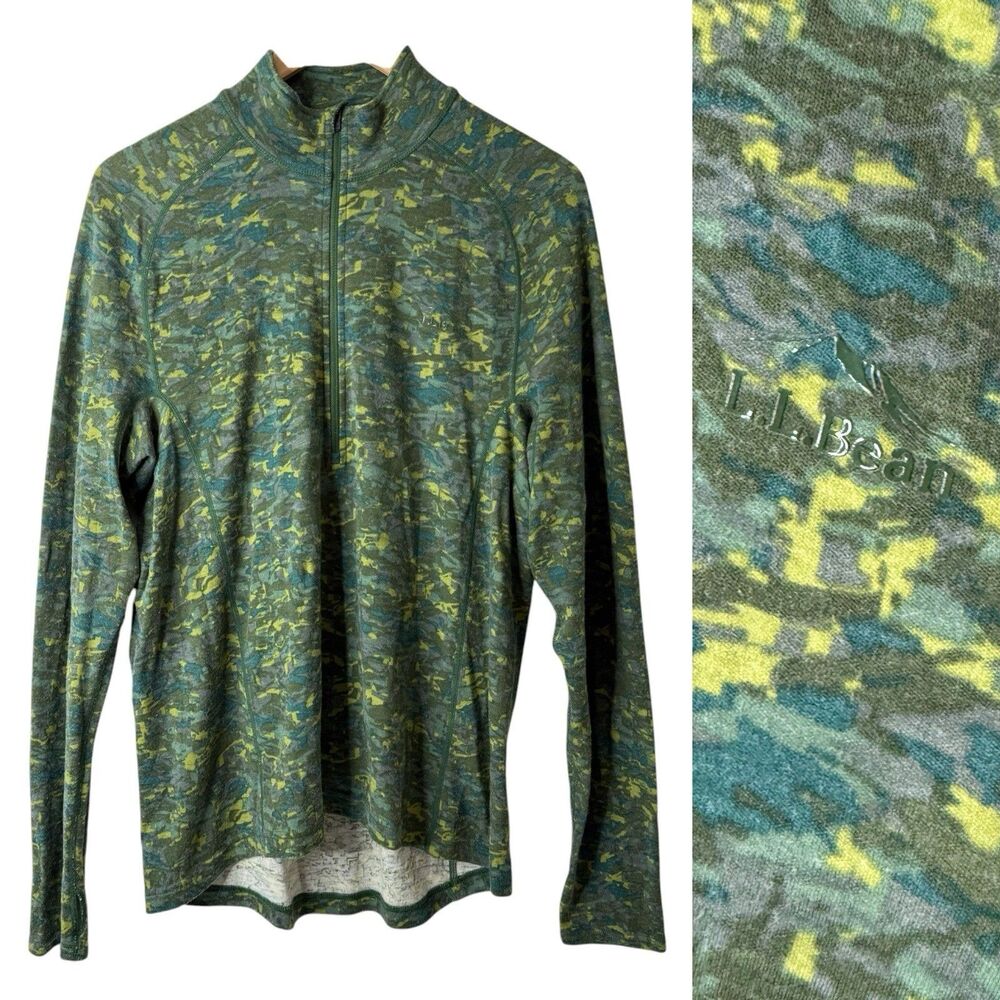 LL Bean Cresta Merino Wool Midweight 250 Quarter Zip Base layer Top Mens L Camo